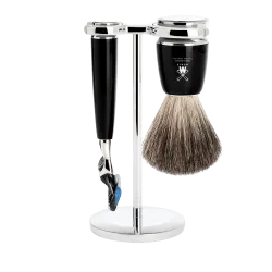Ensemble de rasage Gillette Fusion MÜHLE RYTMO 3 pièces blaireau résine noire pur poil noir
