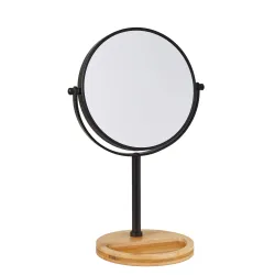 Miroir sur Pied avec Espace Rangement, Grossissement X 10, Noir métal et bambou, diamètre 17.5 CM