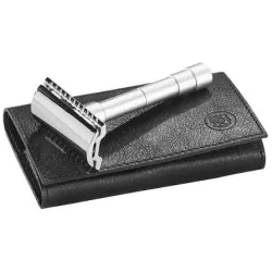 Rasoir de sureté de voyage, rasoir de sécurité MERKUR 46C dévissable en 3, dans sa trousse cuir