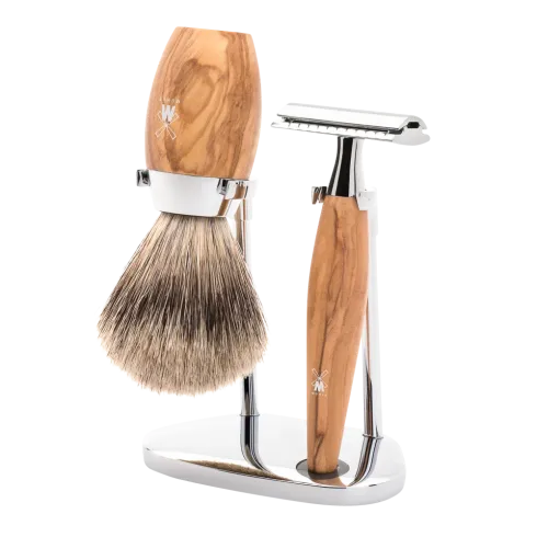 Ensemble de rasage sécurité 3 pièces Mühle KOSMO bois d'olivier blaireau Pur gris