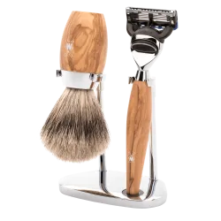 Ensemble de rasage Gillette Fusion 3 pièces Mühle KOSMO bois d'olivier blaireau Pur gris