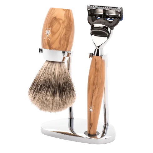 Ensemble de rasage Gillette Fusion 3 pièces Mühle KOSMO bois d'olivier blaireau Pur gris