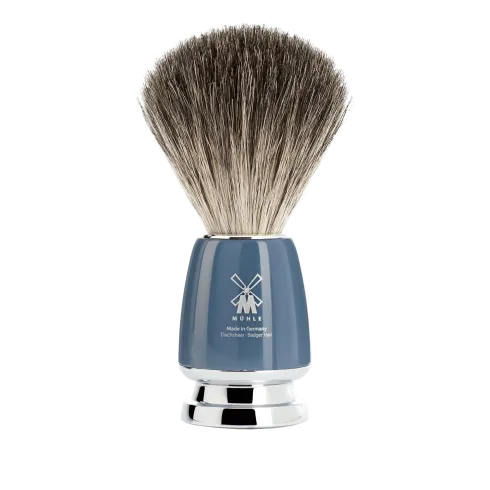 Blaireau Muhle collection Rytmo, brosse en pur poil noir, manche en résine bleu pétrole