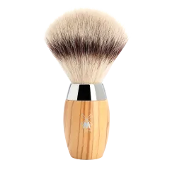 Blaireau Muhle collection Kosmo, brosse en fibre synthétique argentée, monture en olivier