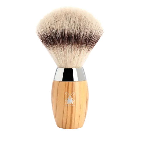 Blaireau Muhle collection Kosmo, brosse en fibre synthétique argentée, monture en olivier