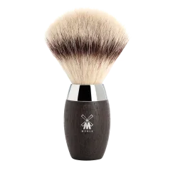 Blaireau Muhle collection Kosmo, brosse en fibre synthétique argentée, monture en chêne fossilisé
