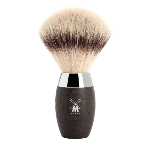 Blaireau Muhle collection Kosmo, brosse en fibre synthétique argentée, monture en chêne fossilisé