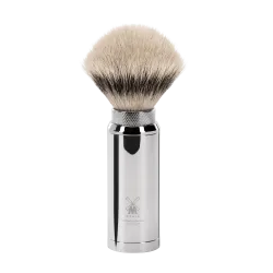 Blaireau de Voyage Muhle, à manche dévissable-étui chromé , brosse en fibre synthétique argentée