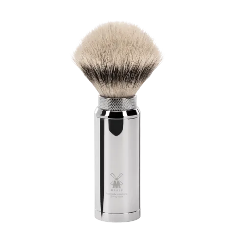 Blaireau de Voyage Muhle, à manche dévissable-étui chromé , brosse en fibre synthétique argentée