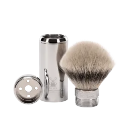 Blaireau de Voyage Muhle, à manche dévissable-étui chromé , brosse en fibre synthétique argentée