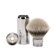 Blaireau de Voyage Muhle, à manche dévissable-étui chromé , brosse en fibre synthétique argentée