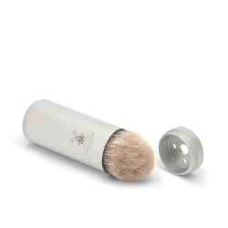 Blaireau de Voyage Muhle, à manche dévissable-étui aluminium anodisé, brosse en fibre synthétique argentée