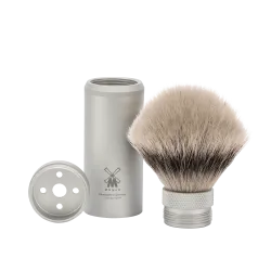 Blaireau de Voyage Muhle, à manche dévissable-étui aluminium anodisé, brosse en fibre synthétique argentée