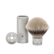 Blaireau de Voyage Muhle, à manche dévissable-étui aluminium anodisé, brosse en fibre synthétique argentée