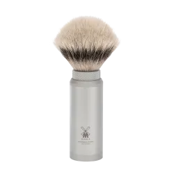 Blaireau de Voyage Muhle, à manche dévissable-étui aluminium anodisé, brosse en fibre synthétique argentée