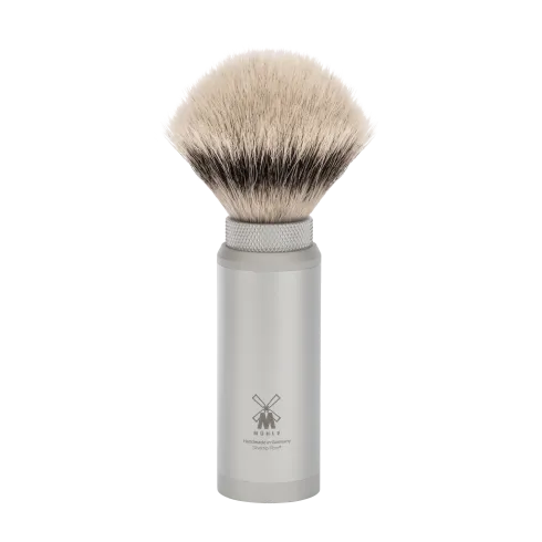 Blaireau de Voyage Muhle, à manche dévissable-étui aluminium anodisé, brosse en fibre synthétique argentée