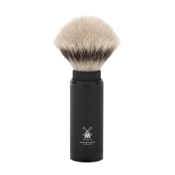 Blaireau de Voyage Muhle, à manche dévissable-étui aluminium anodisé noir, brosse en fibre synthétique argentée
