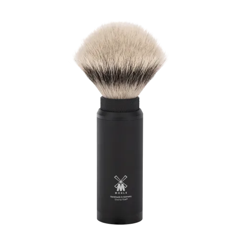 Blaireau de Voyage Muhle, à manche dévissable-étui aluminium anodisé noir, brosse en fibre synthétique argentée