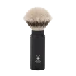 Blaireau de Voyage Muhle, à manche dévissable-étui aluminium anodisé noir, brosse en fibre synthétique argentée