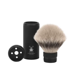 Blaireau de Voyage Muhle, à manche dévissable-étui aluminium anodisé noir, brosse en fibre synthétique argentée