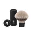 Blaireau de Voyage Muhle, à manche dévissable-étui aluminium anodisé noir, brosse en fibre synthétique argentée