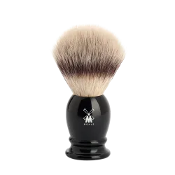 Blaireau Muhle collection Classic, brosse en fibre synthétique argentée, monture en résine noire