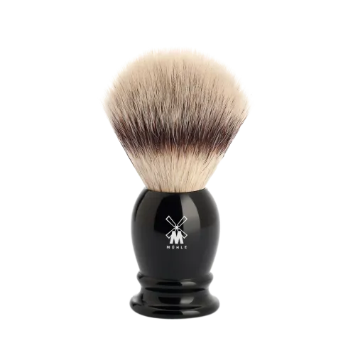 Blaireau Muhle collection Classic, brosse en fibre synthétique argentée, monture en résine noire