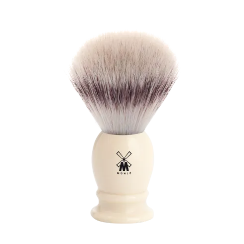 Blaireau Muhle collection Classic, brosse en fibre synthétique argentée, monture en résine ivoire