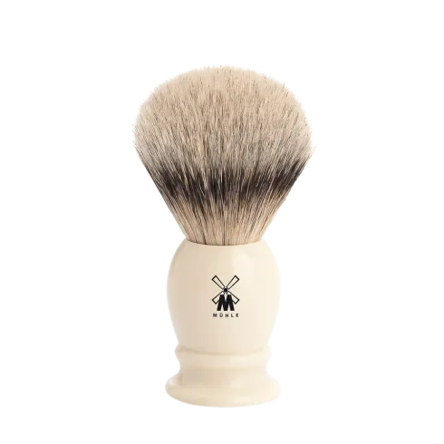 Blaireau Muhle collection Classic, brosse en poil pur argenté, diamètre 19 mm, monture en résine ivoire